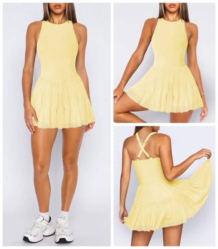 Women's Flowy Pleated Ruffle Tennis Athletic Dress for Women Summer Boat Neck Sleeveless Mini Golf Dress Shorts Pockets3