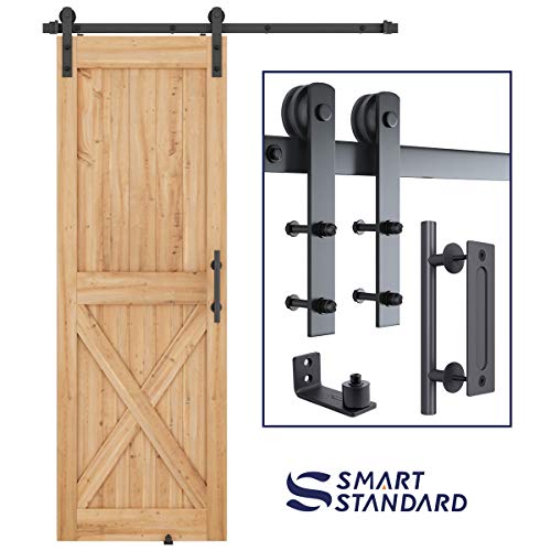 SMARTSTANDARD 5 FT Heavy Duty Sturdy Sliding Barn Door Hardware Kit, 5FT Single Rail, Black, (Whole Set Includes 1x Pull Handle Set & 1x Floor Guide) Fit 30