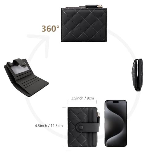 Small Wallet Women, Bifold RFID Blocking Card Holder for Girls Ladies, PU Leather Slim Bifold Compact Wallets Coin Purse with ID Window Zipper Coin Pocket (Black)3