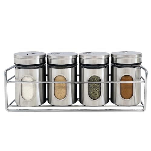 JS Gourmet 4 Pcs Stainless Steel Spice Seasoning Container Jars with Storage Rack, Perfect for...