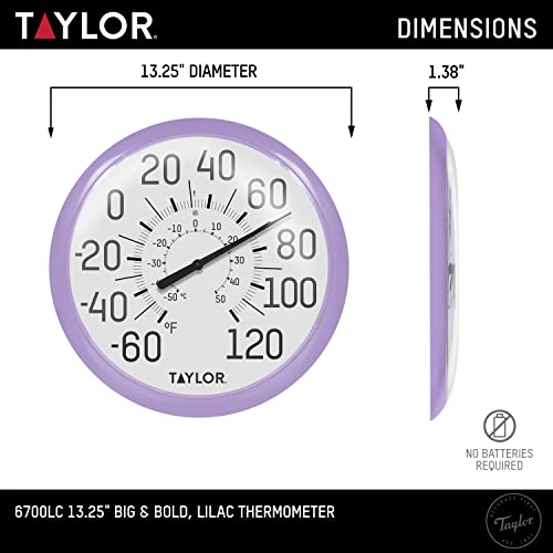 Image of Taylor Big and Bold Wall Dial Thermometer, Indoor Outdoor Thermometer, Wireless Thermometer with Easy to Read Numbers for Patio, Pool, Garage and Indoor Areas, 13.25-inch, Lilac