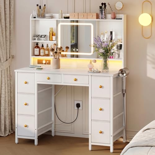ODK Dressing Table with LED Mirror & Power Outlet Vanity Desk with 8 Drawers & Adjustable Shelves Makeup Table with RGB Lights USB Ports White Vanity Table for Bedroom - 110×40×137cm