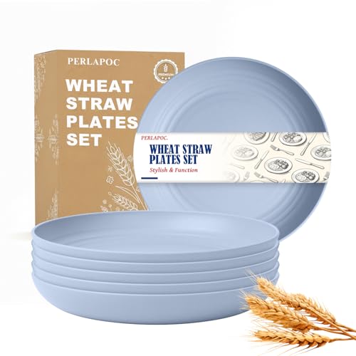 Image of 8 Inch Kids Plates, Wheat Straw Outdoor Plates Set of 6, LightBlue | Reusable Microwave and Dishwasher Safe Small Plates for Kids, Breakfast, Dessert
