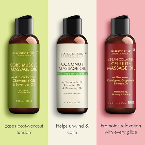 Image of MAJESTIC PURE Massage Oil for Massage Therapy - Refreshing, and Relaxing - Natural Oils - for All Skin Types - Men and Women Massage Lotion (3.4 Fl Oz (Pack of 3), Massage Oil Set)