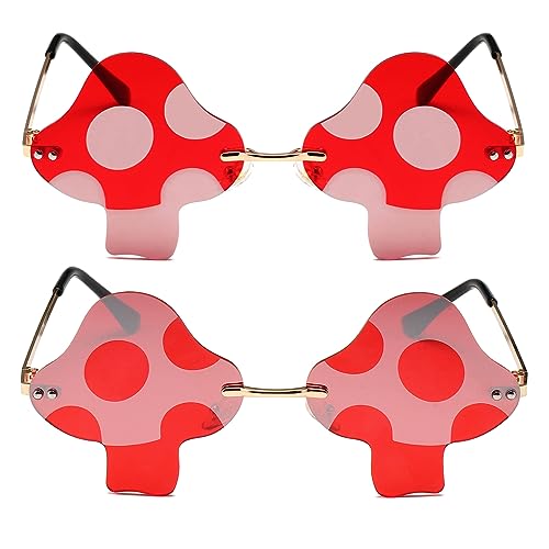 JOVAKIT Mushroom Shaped Sunglasses for Women Men Vintage Rimless Sun Glasses Retro rave Party Halloween Eyeglasses (Gold/Red+Gold/Red&Silver Mirror)