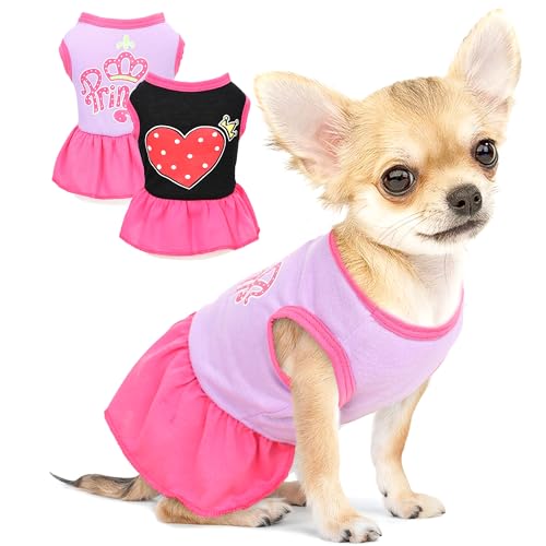 2 Pieces Dog Clothes Princess Love Pattern Spring Summer Sundress Shirts Cute Puppy Clothes Dresses for Small Dogs Girl Pet Cats Outfits Clothing, Black,Purple, X-Small