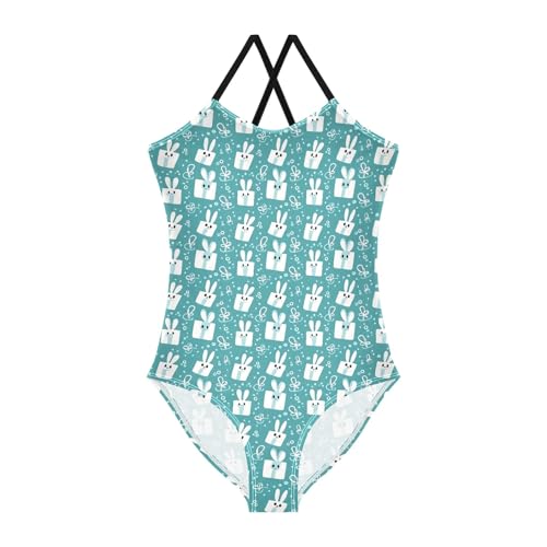 senya Girls Swimsuits One-Piece Swimwear Tie Bathing Suit Beach Summer Round Neck 5-6T Cute Rabbit Pattern