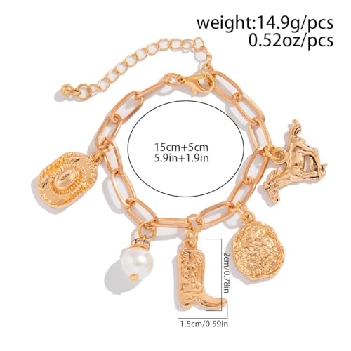 Cowboy Boot Hat Charm Bracelet for Women Men Retro Western Cowgirl Irregular Pearl Coin Horse Dainty Boho Paperclip Chain Link Bracelets Vintage Country Rodeo Outfit Holiday Party Fashion Jewelry Gift4