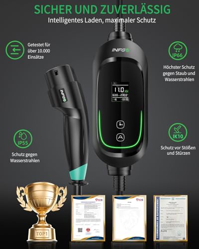 INFGO Mobile Wallbox 11kW [3-phasig, 8,1m, 6-16A], EV Charger mit Einstellbarer Ladeleistung & Timer-Funktion...