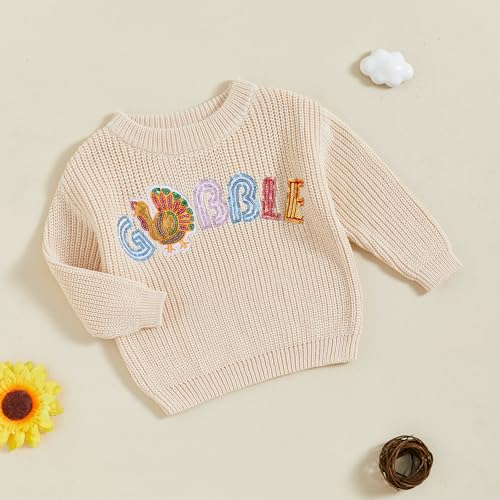 Honganda Infant Baby Girl Boy Thanksgiving Sweater Long Sleeve Gobble Sequin Letters Embroidery Pullover Knitwear Outfit2