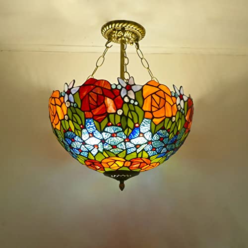 Lampadario in stile Tiffany, lampada a sospensione a soffitto in vetro colorato rosa a due colori per soggiorno camera da letto sala da pranzo cucina isola corridoio,40cmB