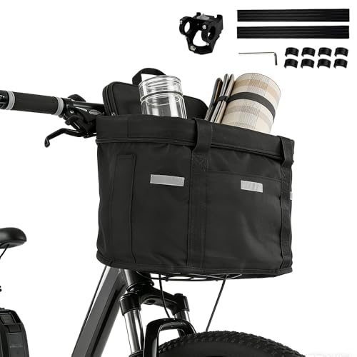 SGZIOO Fahrradkorb Vorne Faltbar Wasserdicht Fahrrad Korb Fahrrad Lenkerkorb mit Schnellmontage Halterung Abnehmbare Fahrradkorb Vorne Lenkerkorb für Kleiner Hunde Einkaufen Picknick (Schwarz)