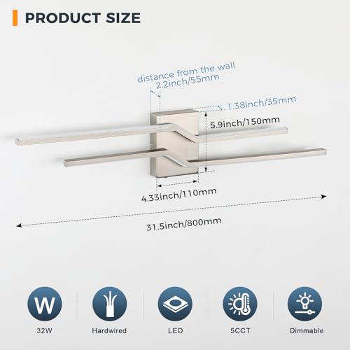 Image of 31.5 Inch Vnaity Lighting Led Bathroom Lights Over Mirror Brushed Nickel Dimmable 5CCT 32W Modern Bath Vanity Lights Bar Wall Sconces