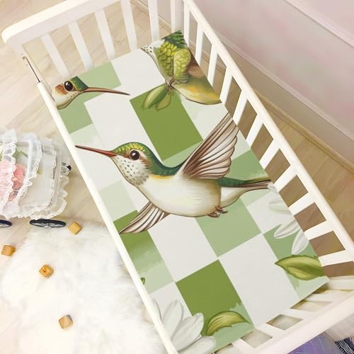 Image of Crib Sheet Breathable Soft Crib Mattress Sheet for Baby Toddler Boys Girls Fitted Crib Sheet Fit Standard Crib Mattress 52 x 28 Inch Checkered Green and White Hummingbirds Daisy