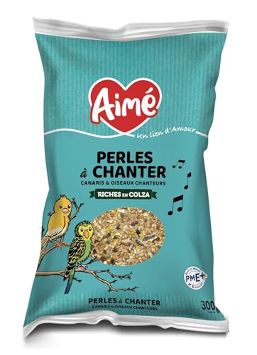Aime - Perles à Chanter, Nourriture Oiseaux et Canaris, Nourriture pour Oiseaux Riches en Colza, Favorise Le Chant, Aliment complémentaire, Mélanger avec l'Alimentation Habituelle, 300g