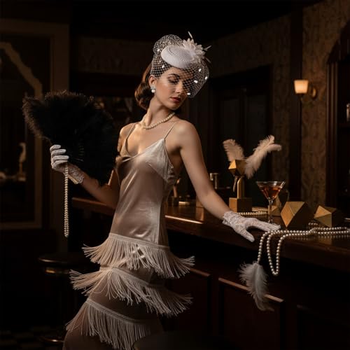 Image of Hiceeden 4 Pieces White Tea Party Hat Accessories for Women, Elegant Fascinator Wedding Hat for Girls, 20s 50s Pillbox Funeral Hats with Veil, Short Lace Floral Gloves, Pearl Earring and Necklace