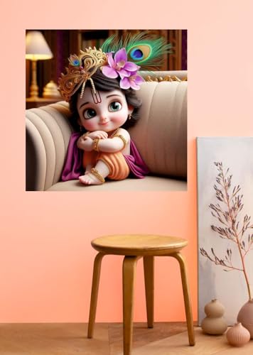 Image of Akki Wold Mukut,Feather,Flower Kanha On Soffa Wall Poster For Living Room, Office, Pooja Room (Size - 41CM X 41CM)