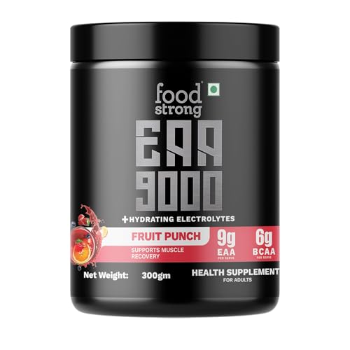 Image of Foodstrong EAA 9000 with Hydrating Electrolytes, Fruit Punch Flavour, 9g Essential Amino Acids (EAA) & 6g BCAA Per Serving - Supports Muscle Recovery & Rehydration - 300g, 25 Servings