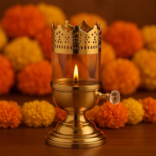 Image of Pure Source India Brass Akhand Diya 9 Inch with Glass Chimney | Long-Lasting Oil Lamp for Pooja, Mandir & Diwali Decoration | Smokeless Flame, Windproof Deepak with Crystal Knob
