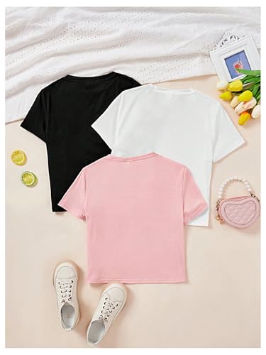 SweatyRocks Girl's 3 Pack T Shirts Sparkly Heart Print Tees Short Sleeve Crewneck Summer Tops2