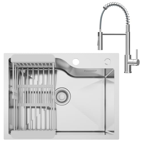 ANYCEE 60x45 cm Fregadero Acero Inox con Grifo, Fregadero Cocina 1 Seno con Orificio y Cesto para Mueble de 60cm, Incluye Sifón y Filtro de Drenaje