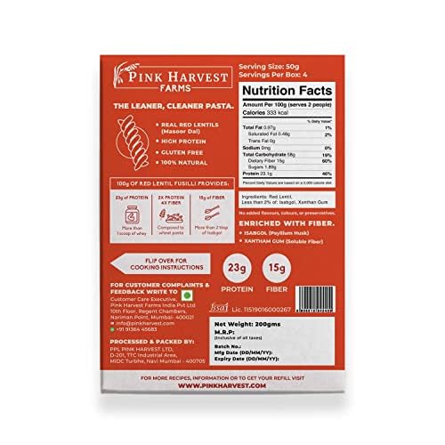 Image of Pink Harvest Farms Red Lentil Pasta | No Rice - No Maida | Vegan | Gluten Free | High Protein | (Red Lentil Fusilli Pasta, 200 g (Pack of 2))