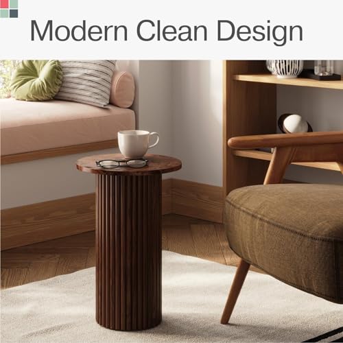 Stead Round Fluted Accent Side Table, Small Drink Desk, Living Room Furniture, Stylish Modern Home and Bedroom Decor, Pedestal Side Table with a Solid Oak Base (Burl Walnut Finish) - Image 4