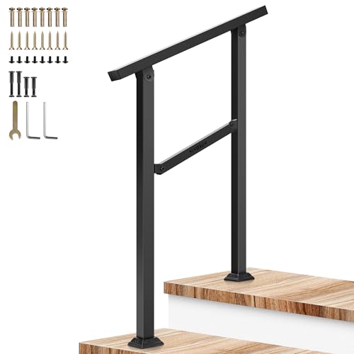 Image of VIVOSUN Outdoor Handrail, 2 Step Stair Handrail, 26 inch x 36 inch Fits 1 to 2 Steps, Wrought Mattle Iron Handrail for Concrete Steps, Porch Steps, One-Step Assembly, Black