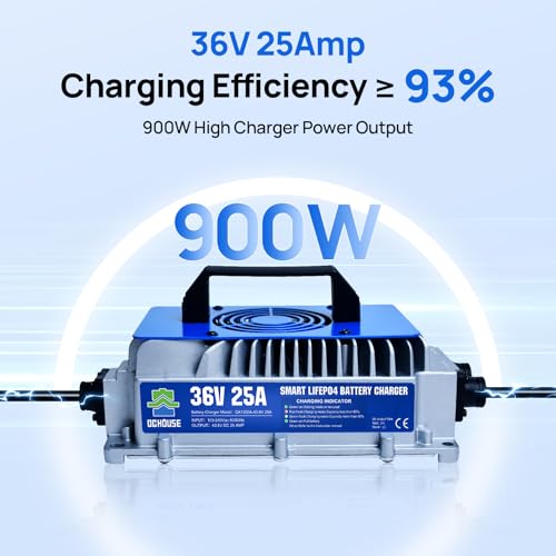 DC HOUSE 36V 25A Lithium Battery Charger, 900W Fast Charger, Charging Efficiency ≥ 93%, Waterproof Anti-Fall with Cooling Fan, Suitable for 36V Golf Cart,Trolling Motor, Forklift LiFePO4 Battery - Thumbnail 2