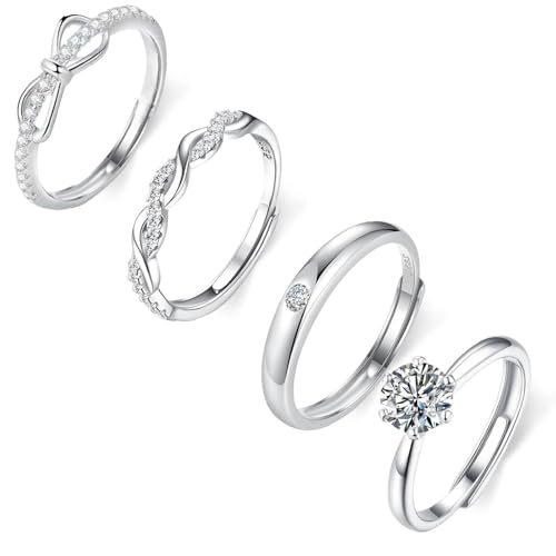 JOOTUEPO 4 Piezas Anillo Plata 925 Mujer, Infinito Anillos con Zirconia, Anillos Cristal Ajustable Hipoalergenicos/Fidget, Anillo de Promesa de Compromiso
