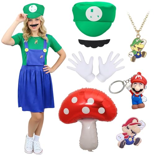 Kitimi Karneval Super Brothers Cosplay Kostüme für Erwachsene Damen Lui gi Kostüm Set mit Hut und Schnurrbart Damen Cosplay Outfit für Karneval Fasching Halloween -Grün