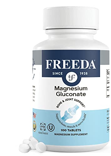 Freeda Magnesium Gluconate - Kosher Vegan Magnesium Supplement for Men & Women - Leg & Muscle Cramp and Spasm Relief - Natural Muscle Relaxer - Magnesio Vitamins and Supplements (100 Tablets)