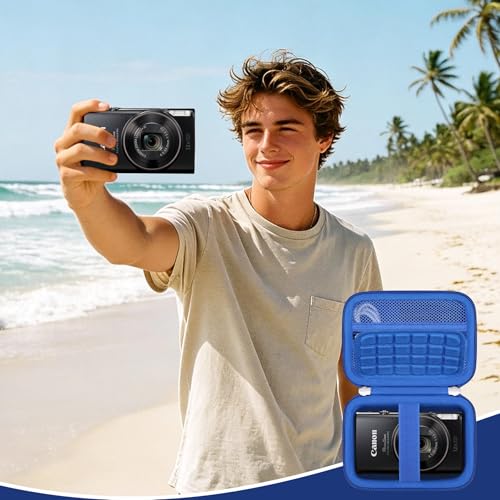 Image of Camera Case for Canon PowerShot ELPH 360 HS A, IXY 650 /ELPH 360 Camera Protective Case Storage Holder Travel Bag with Wrist Strap, Mesh Pocket for Battery Pack, USB Cable, Blue