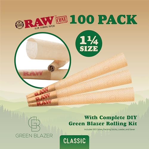 Image of RAW Cones 1 1 /4 Size: 100 Pack Patented Slow Burning Pre Rolled Rolling Papers & Tips, Classic Raw Paper, 84mm
