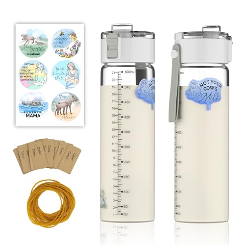 Image of Moose N' Otter Creations Glass Breast Milk Pitcher for Fridge (2 Pack, 21 Oz) Not Your Cow's Milk Pop-Top Breastmilk Storage Bottles w/Expiration Tags & 12 Stickers- Breast Milk Storage Containers