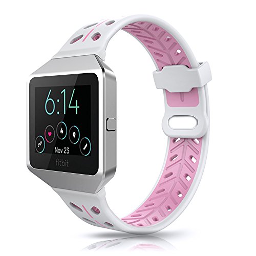 For Fitbit Blaze Bands Accessory, VODKE Silicone Ventilate Replacement Watch Band/Strap/Bracelet/Wristband With Frame For Fitbit Blaze Smart Fitness Watch Men Women Small Large (White+Pink)