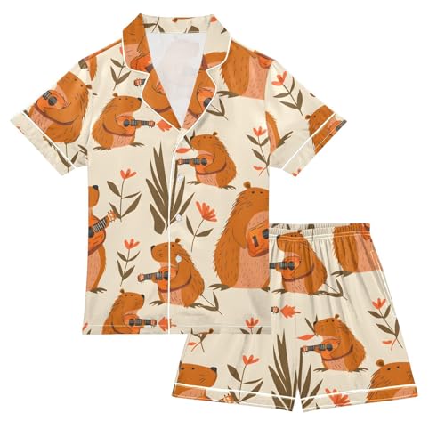 ALAZA Capybara Guitar Blossom Leaf Satin Pajamas Set Short Sleeve Button Down Sleepwear Summer Pjs 2 Piece