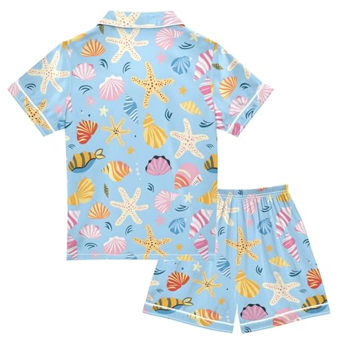 ALAZA Sea Seashell Starfish Blue Satin Pajamas Set Short Sleeve Button Down Sleepwear Summer Pjs 2 Piece2