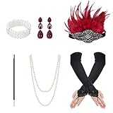 Contenido del paquete: recibirá 6 piezas de accesorios flapper años 20 para mujeres, incluidos guantes negros, diadema de aleta roja oscura, aretes, collar de perlas, disfraces de soporte de cigarrillos y pulsera de perlas, ayudándole a crear modelos retro y encantador.