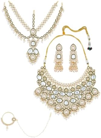 ZAVERI PEARLS Green Meenakari Kundan Bridal Necklace Earring Matha Patti & Nose Pin Set For Women-ZPFK21275