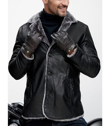 Image of INVACHI Leather Jacket Men Faux Leather Fur Collar Mid-Length Jacket Padded Lining Winter Warm Lapel Trench Coat