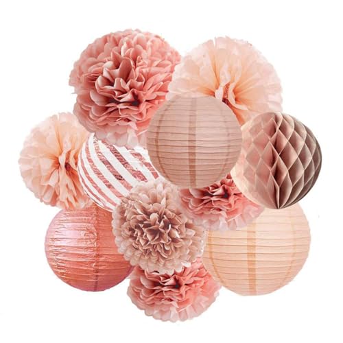 ZYYRSS Rose Gold Party Decoration Kit 11PCS Paper Lanterns Flowers Pom Pom for Birthday Engagement Wedding Bridal Shower Bachelorette Party Decor Supplies