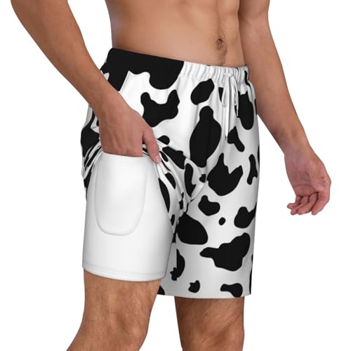Men's Cow Pattern Print Quick-Dry Mesh Swim Trunks Stretch Lining Beach Shorts Surfing Summer Vacations