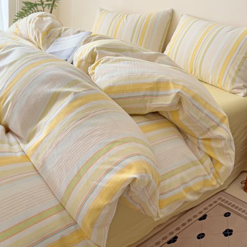 Image of VM VOUGEMARKET 3 Pieces Striped Duvet Cover Set King 100% Washed Cotton Linen Like Textured Breathable Durable Soft Comfy Bedding Set (Yellow Stripes, King 104 inchx90 inch)