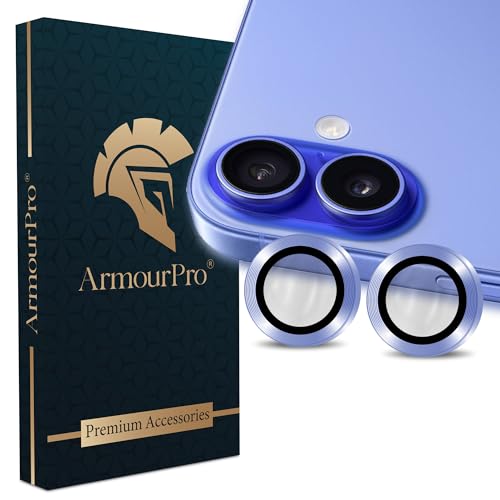 Image of ArmourPro Premium Camera Lens Protector Tempered Glass Compatible For iPhone 16 Plus and iPhone 16 Tough HD Individual Aluminum Alloy Rings 9H Camera Cover , Scratch-Resistant,Camera Lens Protection| Blue