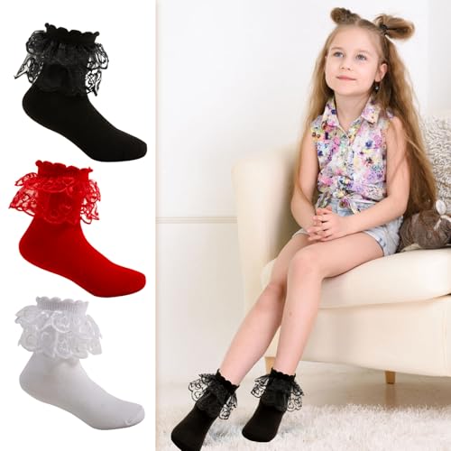 3 Pairs Toddler Girls Ruffle Socks,Cute Frilly Lace Cotton Black White Red School Dress Socks for Girl 1-10 Years2