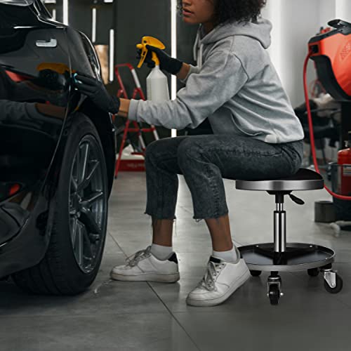 M-Auto Pneumatic Rolling Mechanic Stool With Wheels 250-Pound Capacity Creeper, 18" To 23" Adjustable Height Mobile Garage Shop Seat With Detachable Tool Tray Storage, Black #TOP2