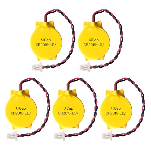 ViCep 5-Pack CR2016 CMOS Battery 3V Motherboard BIOS Batteries with 2 Wire Leads and SHR Connector for Computer Replacement