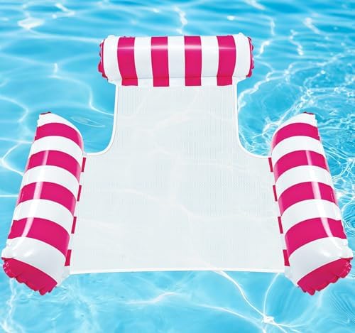 Inflatable Pool Float Hammock – Floating Lounger Chair with Headrest – Durable Mesh Pool Float for Adults – Portable & Comfortable Water Hammock for Swimming Pool, Lake, Beach (Rose)