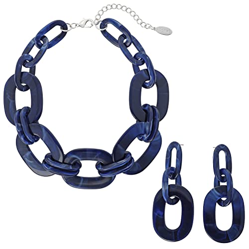 Bocar Acrylic Chunky Statement Necklace for Women Cube Link Chain Collar Necklace and Hoop Earrings Costome Jewelry Set (NK-10667-Navy Blue) by Bocar - Used condition - US$13.49